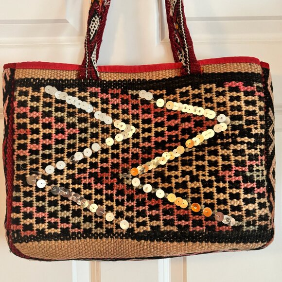 Vintage Anthropologie Kilim Carpet Bag Woven Tapestry Tote Sequin Boho Geometric - Picture 6 of 10